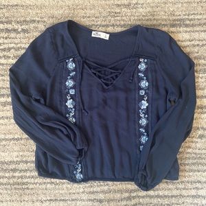 Embroidered Navy Peasant Top